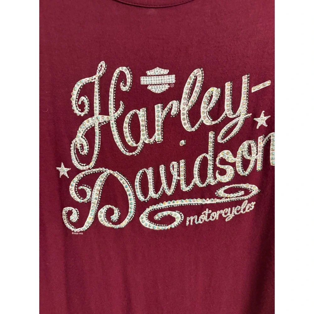 Harley Davidson Womens XL Rhinestone Logo Tee Burgundy Crisscross Back Shirt - Picture 3 of 9